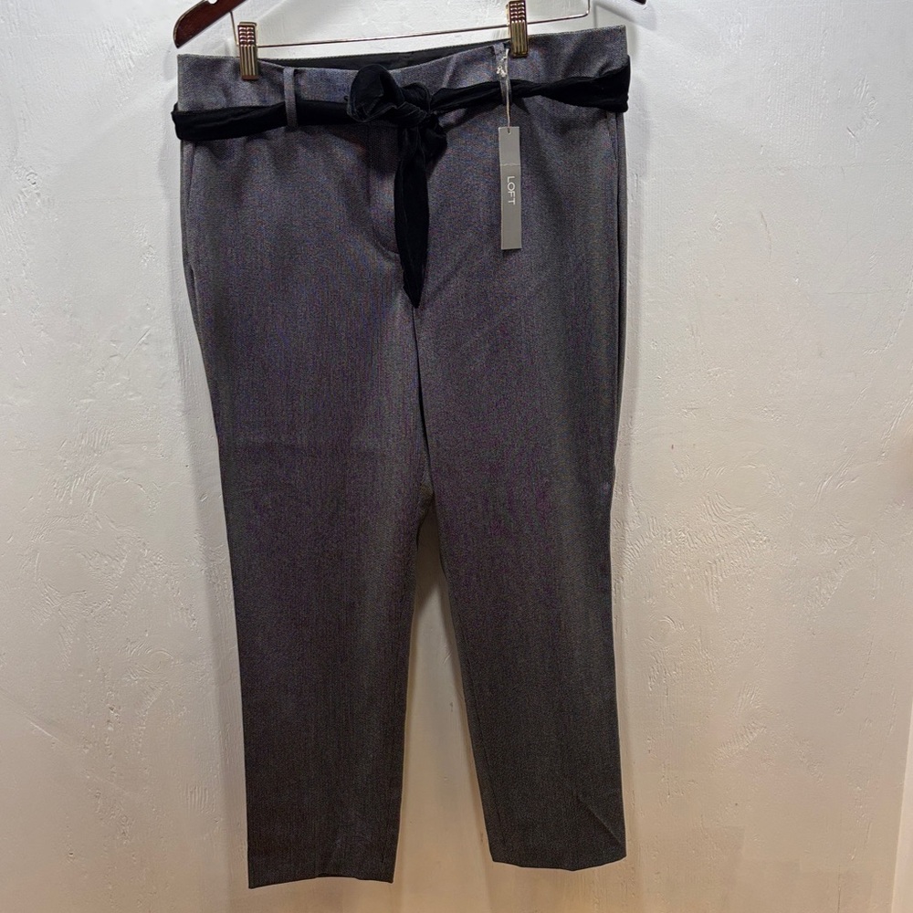 LOFT Classic Slim Petite Gray Cropped Pants with Black Velvet Tie Belt Size 12 P